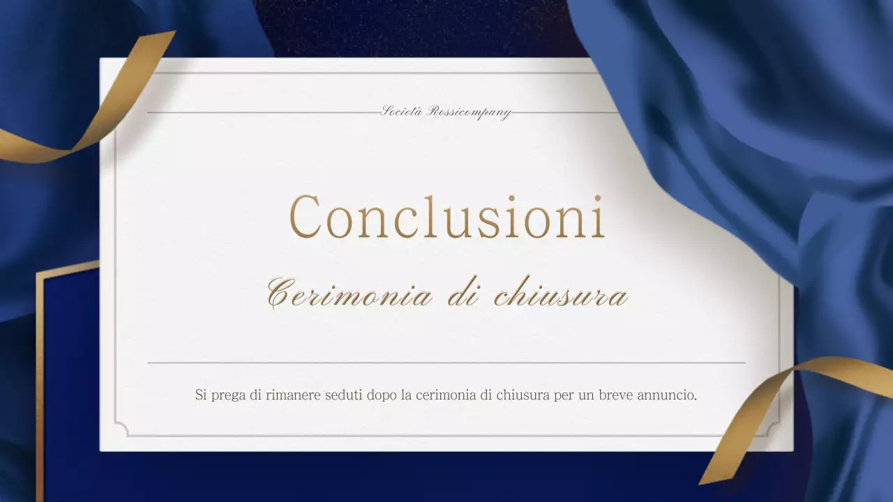 Un invito dorato e blu per una festa di fine anno con un ordine di servizio cerimoniale