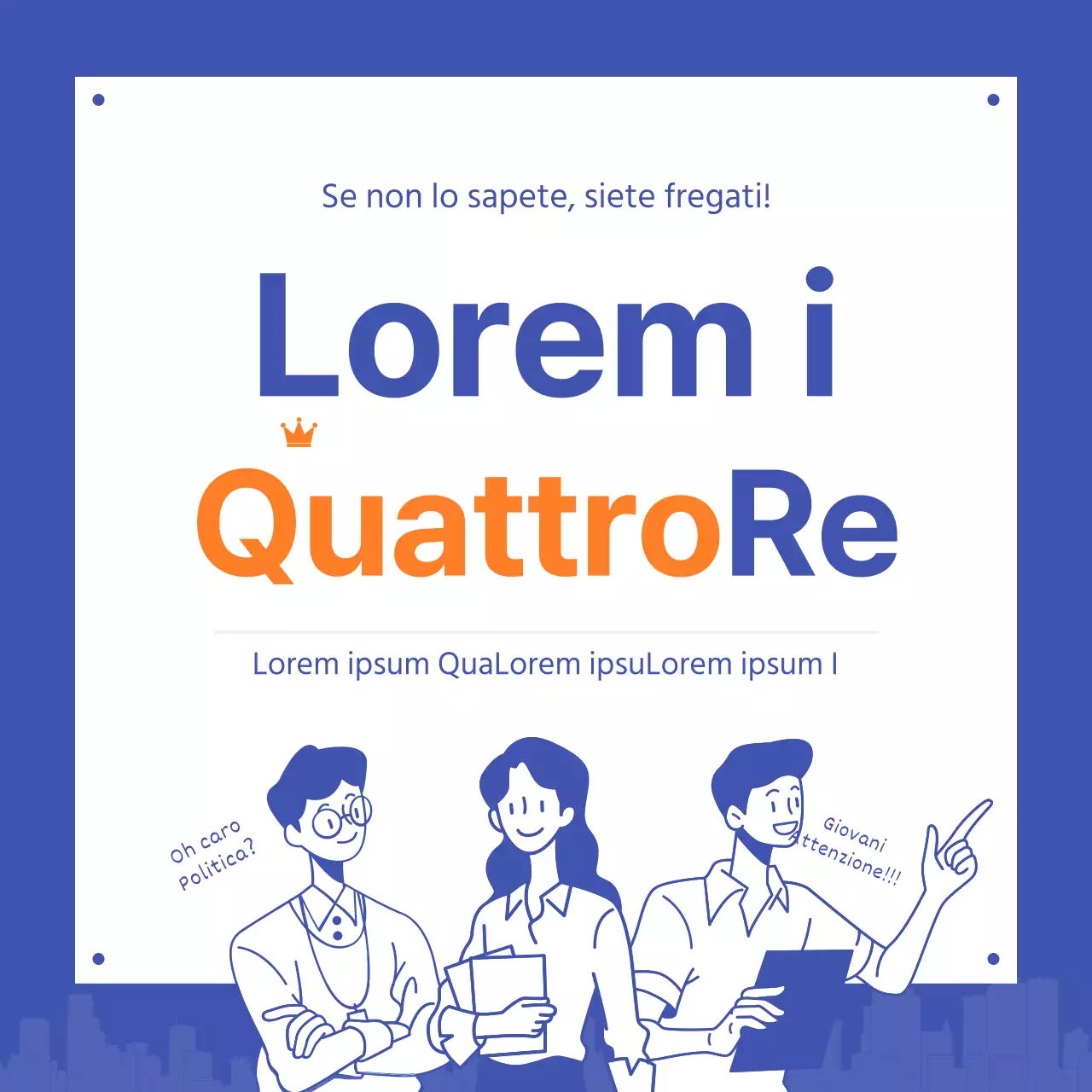 Design della carta delle novità della politica giovanile blu e arancione dei quattro re
