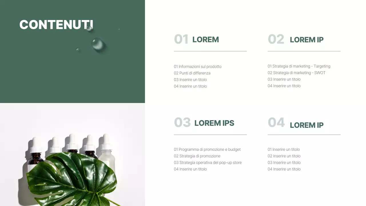 Presentazione di un'offerta di prodotti cosmetici vegani naturalistici e dai toni verdi