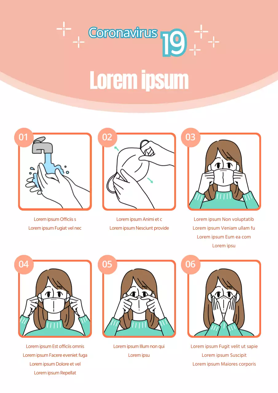 Simpatico volantino promozionale rosa e menta sul modo corretto di indossare una maschera