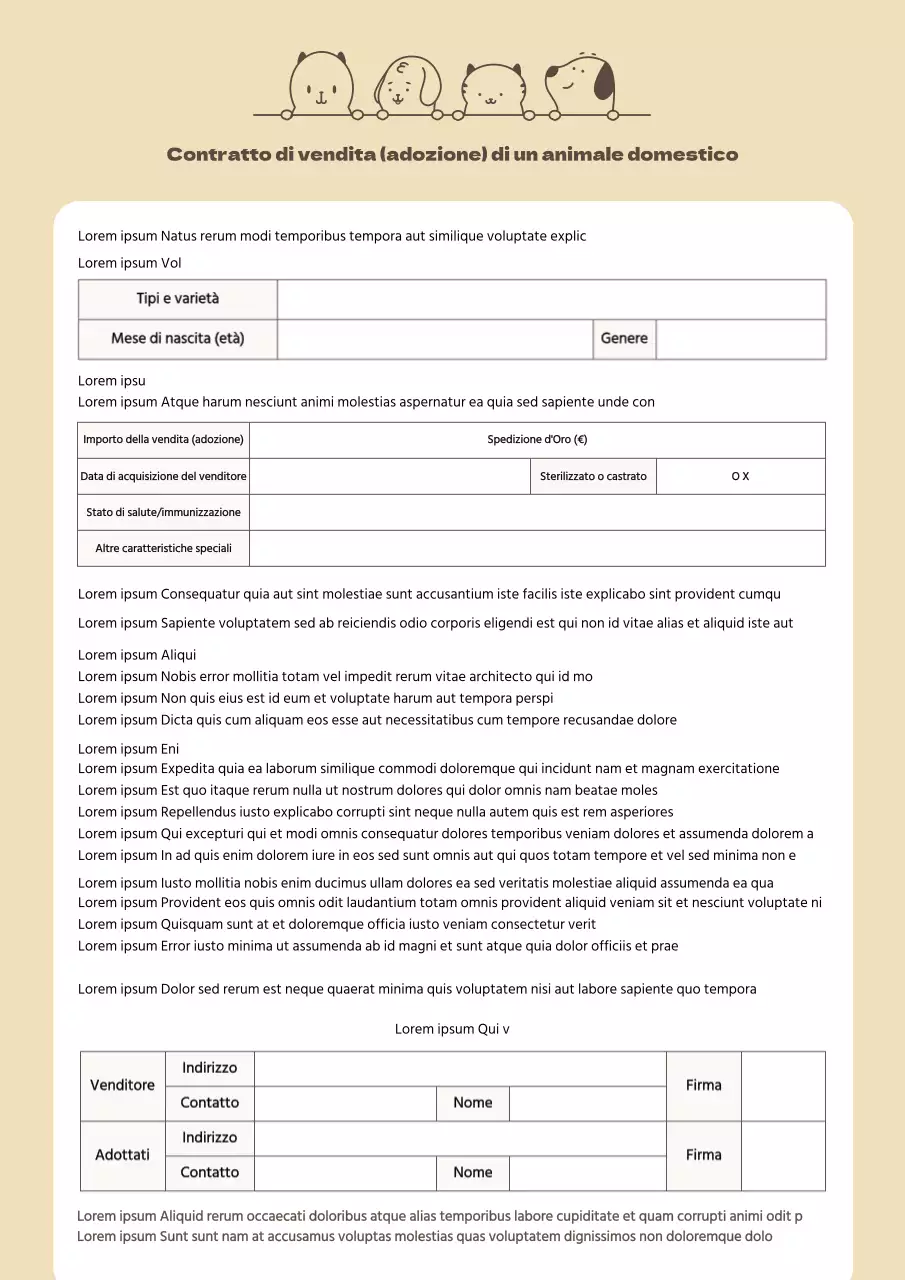 Contratto di adozione per la vendita di animali domestici in tonalità beige
