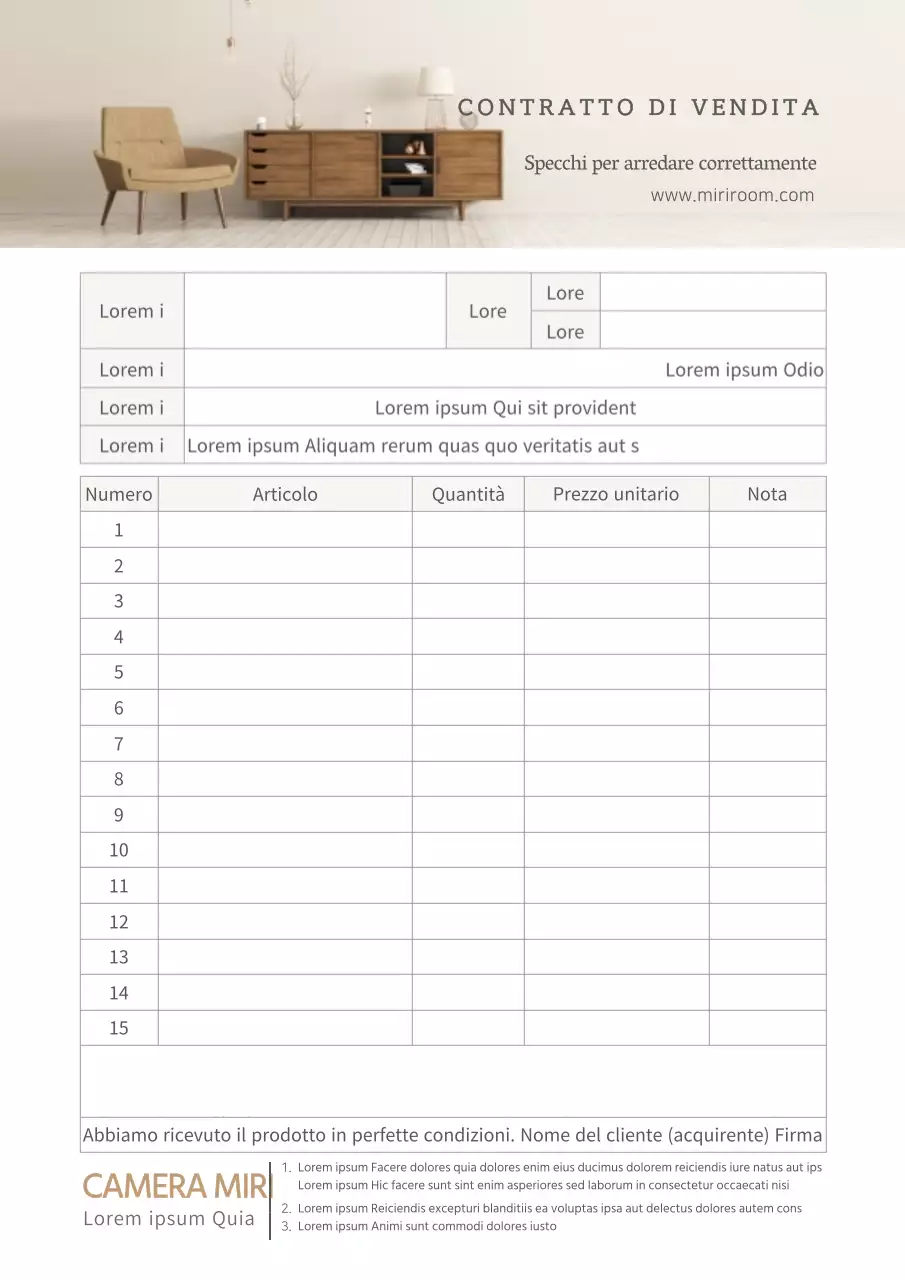 Modello di contratto di vendita di mobili beige e di preventivo commerciale