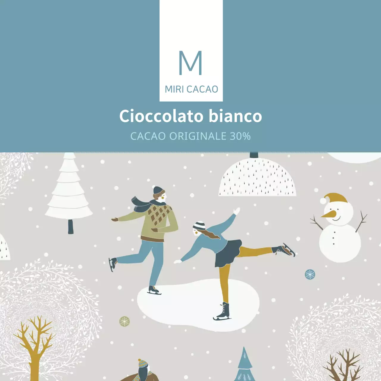 Etichetta per il tè alla cioccolata calda con illustrazione invernale grigio blu