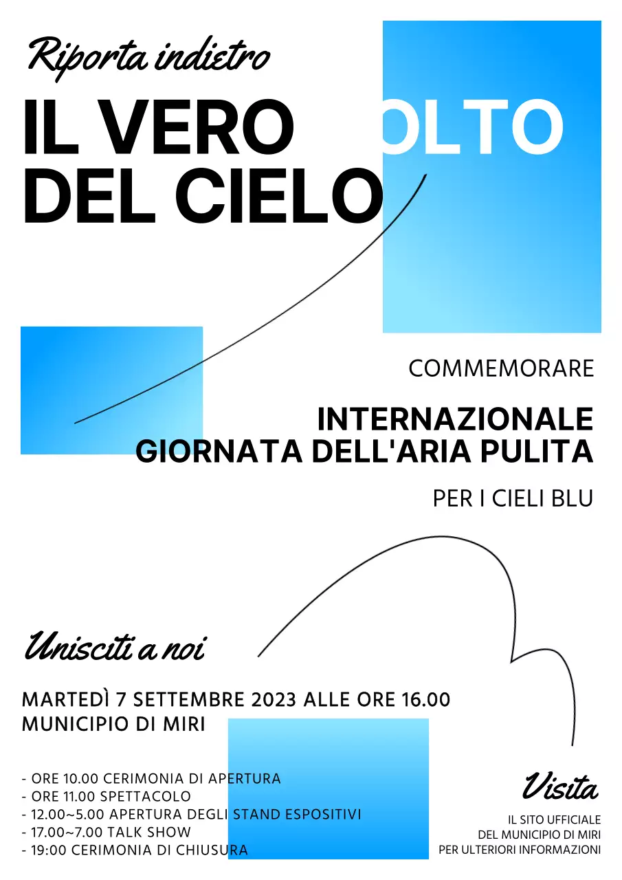 Annuncio di evento con sfondo bianco e dettaglio rettangolo sfumato azzurro V1