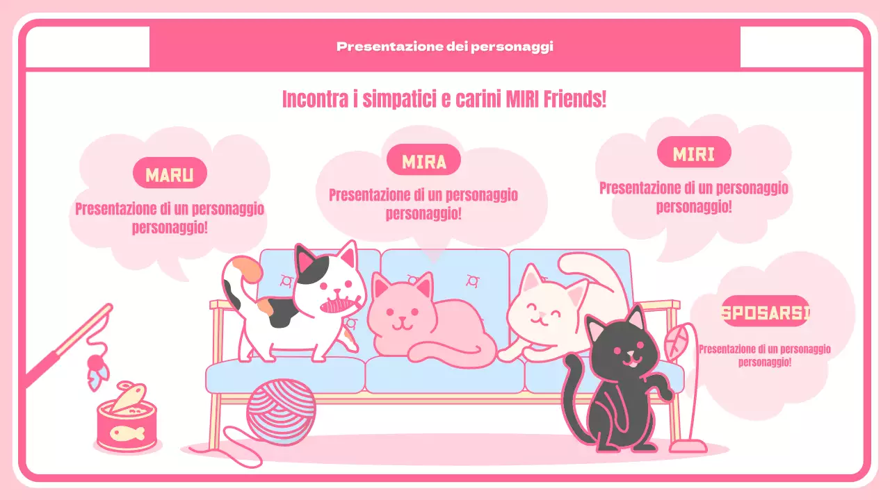 Simpatica pagina di presentazione dei personaggi e della merce con sfondo a scacchi rosa
