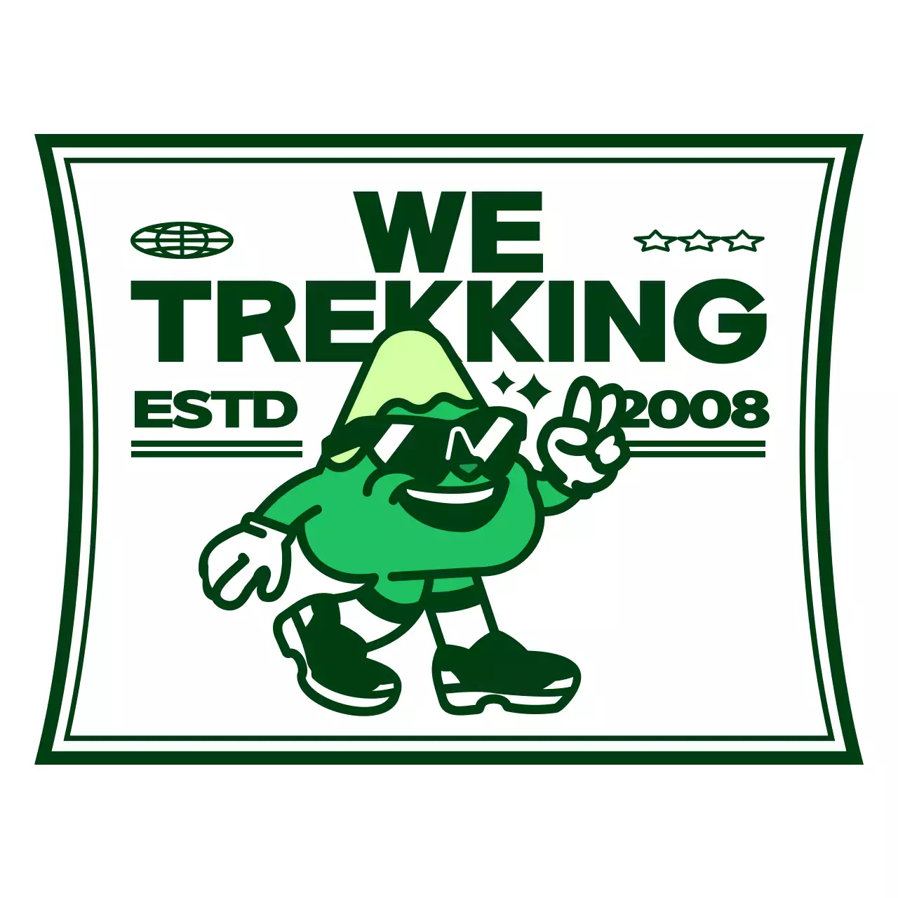 Cute and hip mountain character and text combination logo style in green and white for mountain club promotion and merchandise.