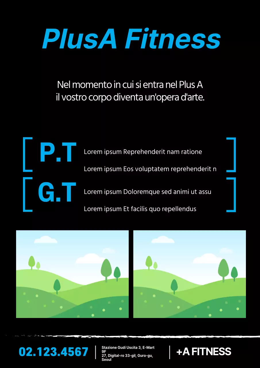 Semplice promozione di una palestra con foto e testo in blu e nero