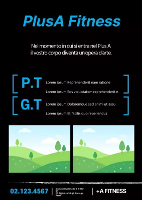 Semplice promozione di una palestra con foto e testo in blu e nero
