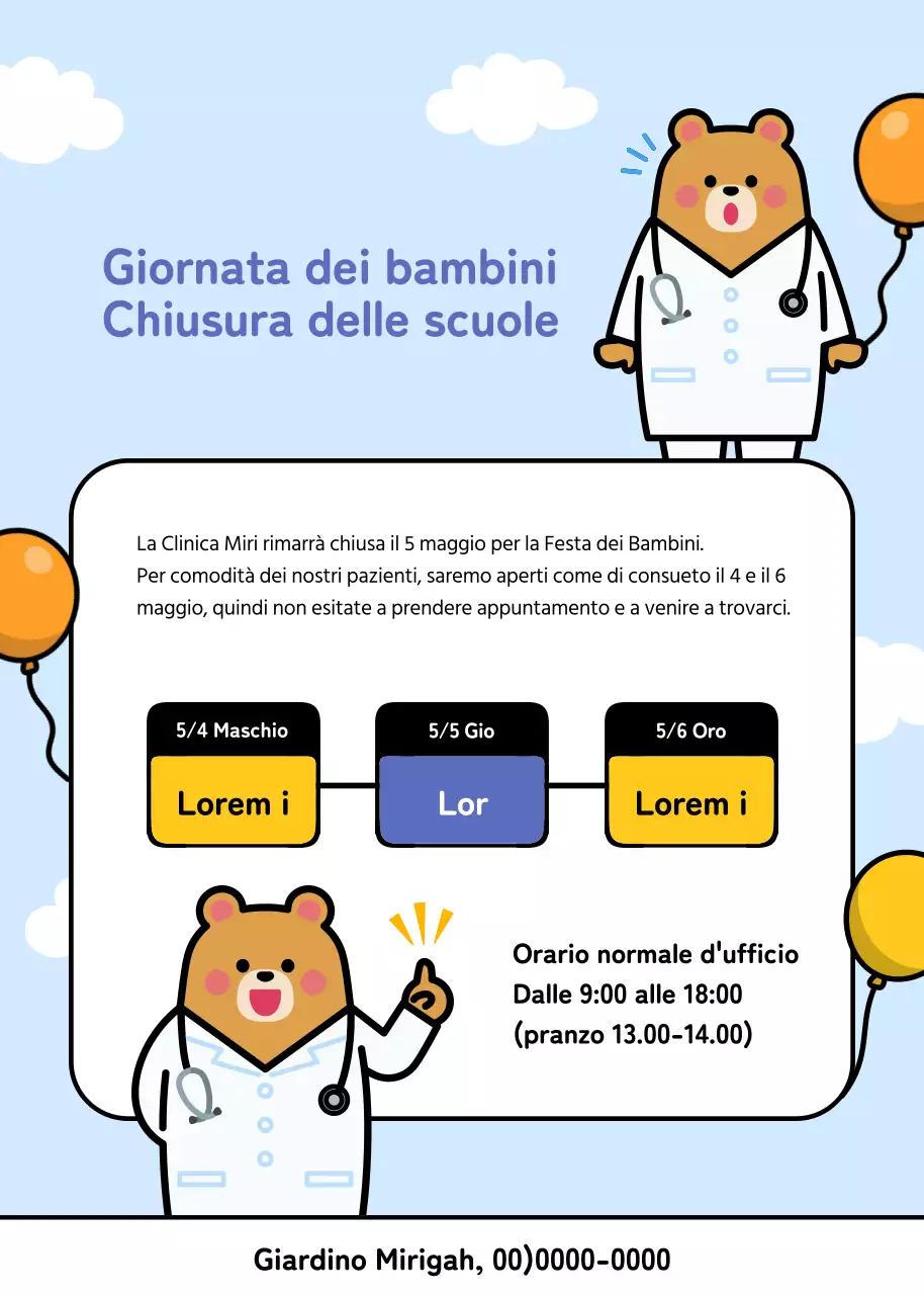 Avviso di chiusura per la Giornata dei bambini con illustrazione di un simpatico medico orso su sfondo azzurro