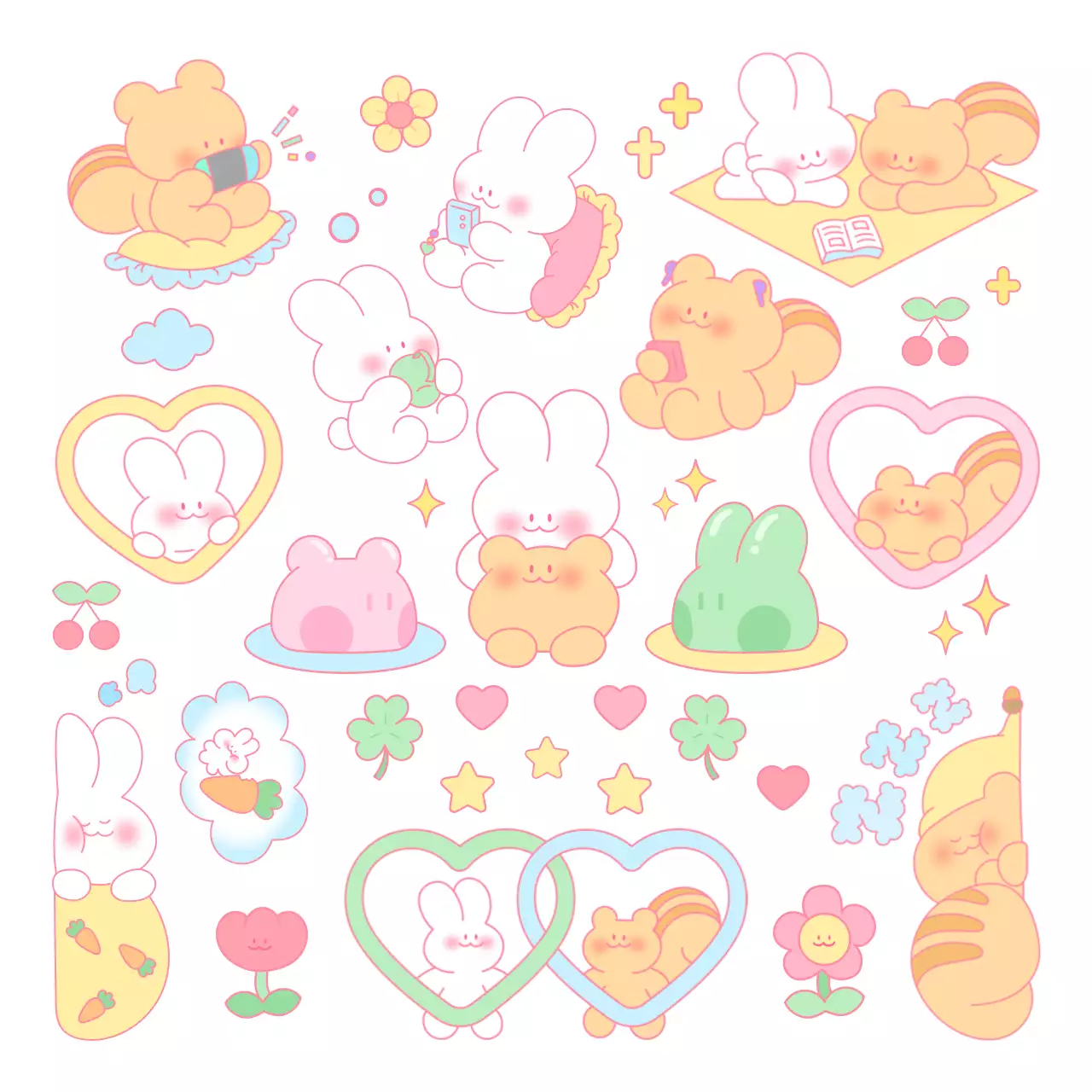 Tupai dan kelinci yang lucu dengan warna-warna pastel yang cerah, melakukan rutinitas harian mereka.