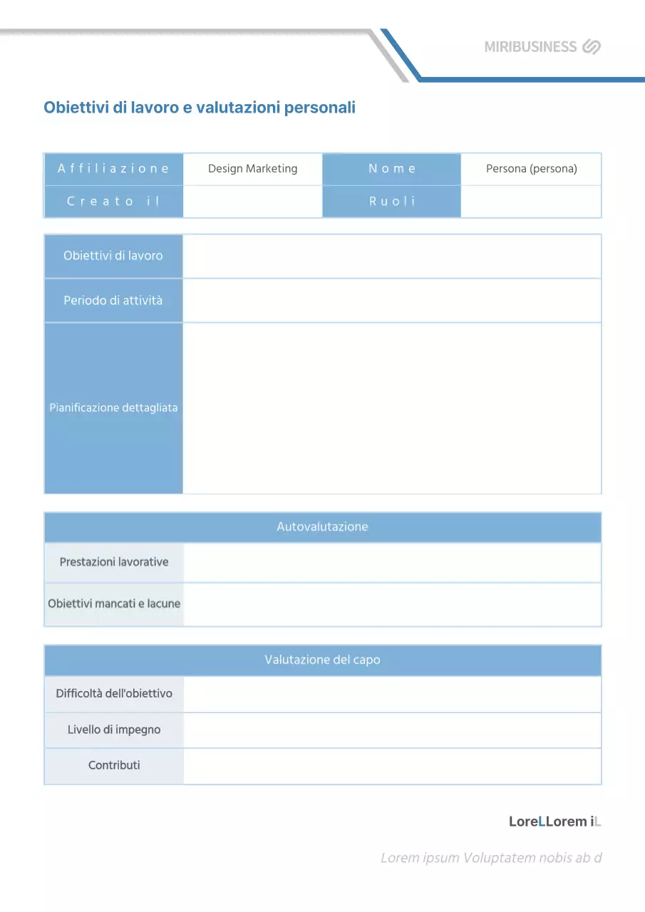La valutazione degli obiettivi di lavoro personali in grigio e blu