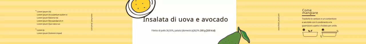 Etichetta illustrata gialla per l'insalata di uova e avocado
