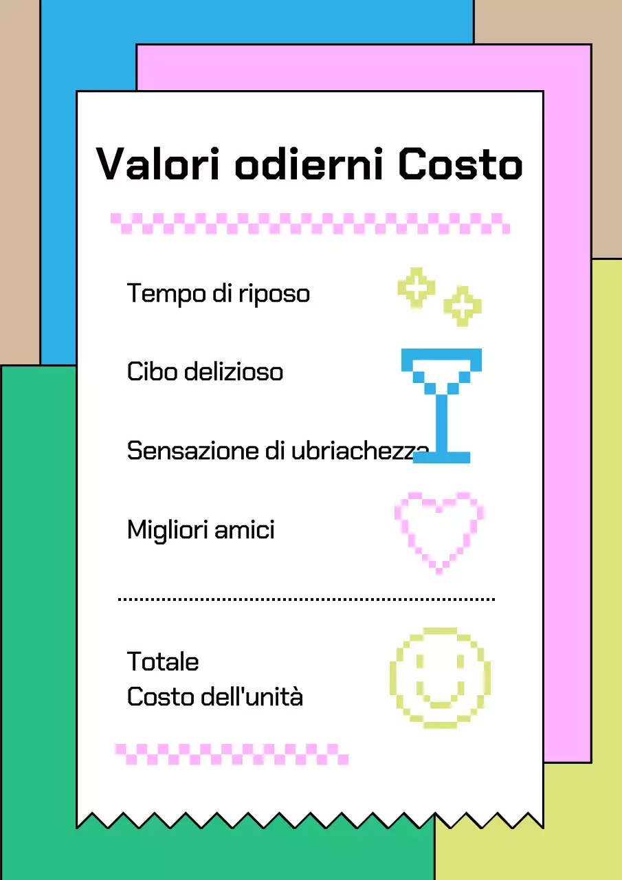 Poster per pub con concetto di scontrino in rosa, azzurro e giallo