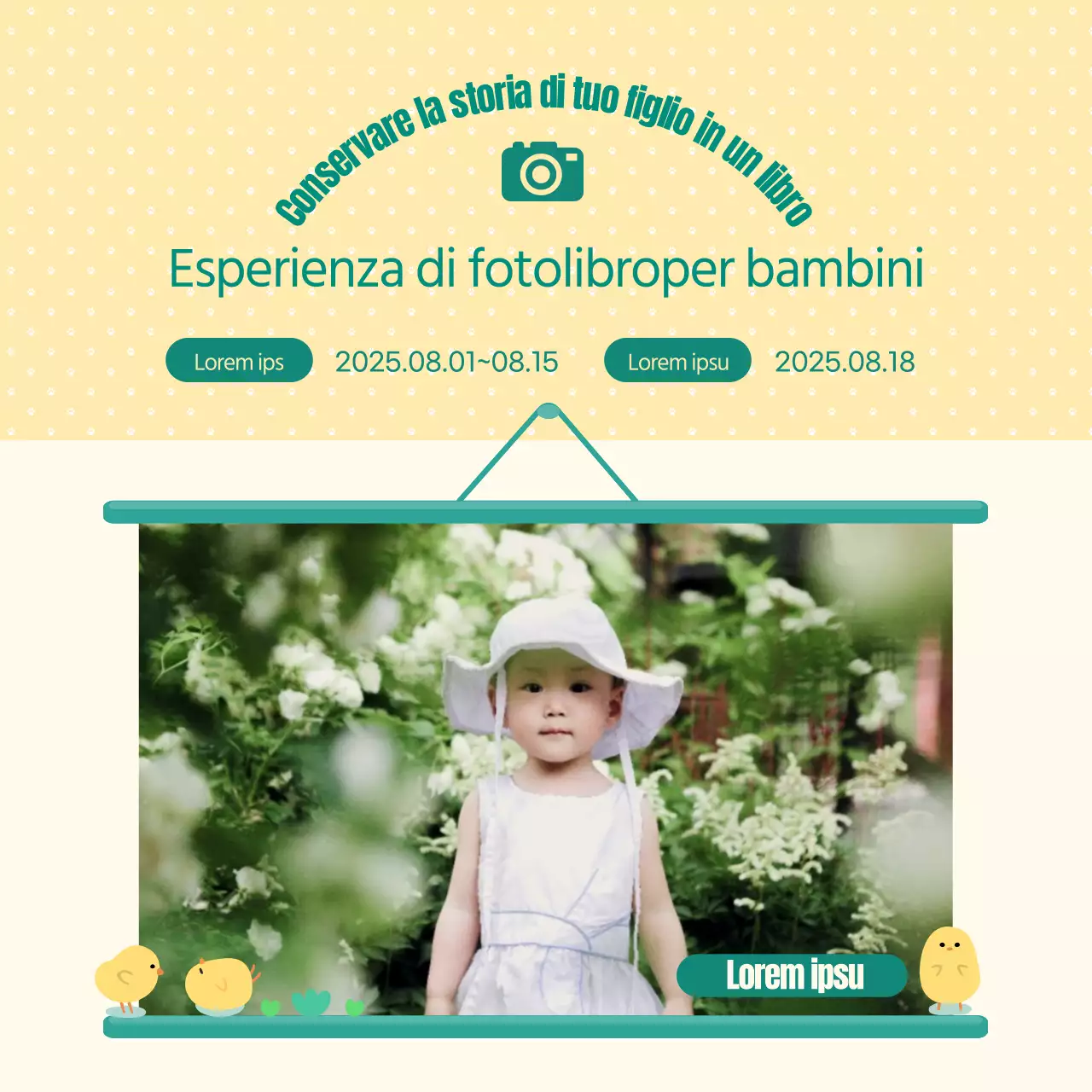 Cercasi trialisti per fotolibro bambino con cornice gialla e verde