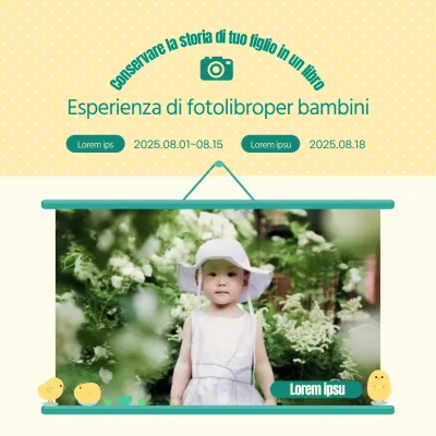 Cercasi trialisti per fotolibro bambino con cornice gialla e verde