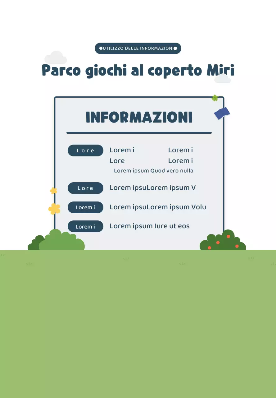 Stile illustrativo carino in blu navy e verde Informazioni sui campi da gioco al coperto