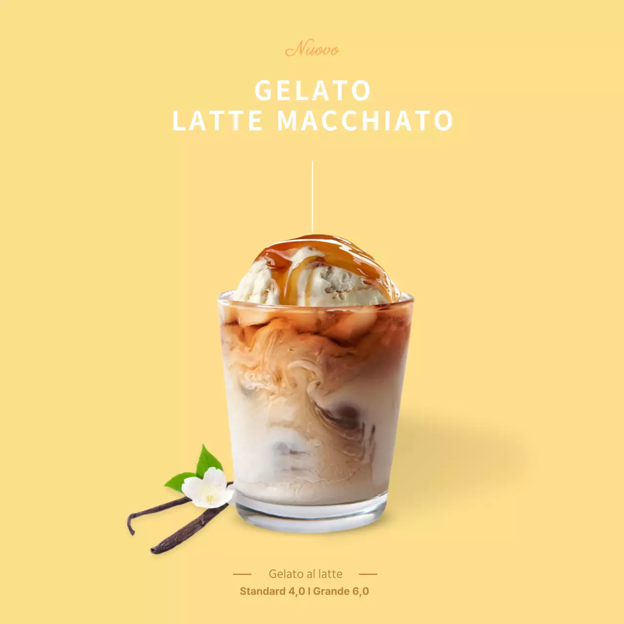 Semplice striscione giallo appeso per una caffetteria con gelato al latte