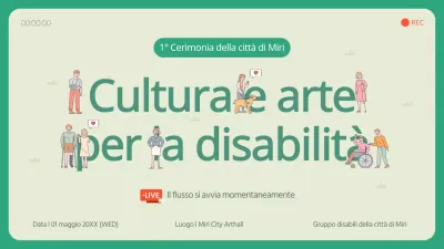 Trasmissione in streaming di un evento artistico culturale per persone con disabilità con un concetto illustrato in avorio e verde.