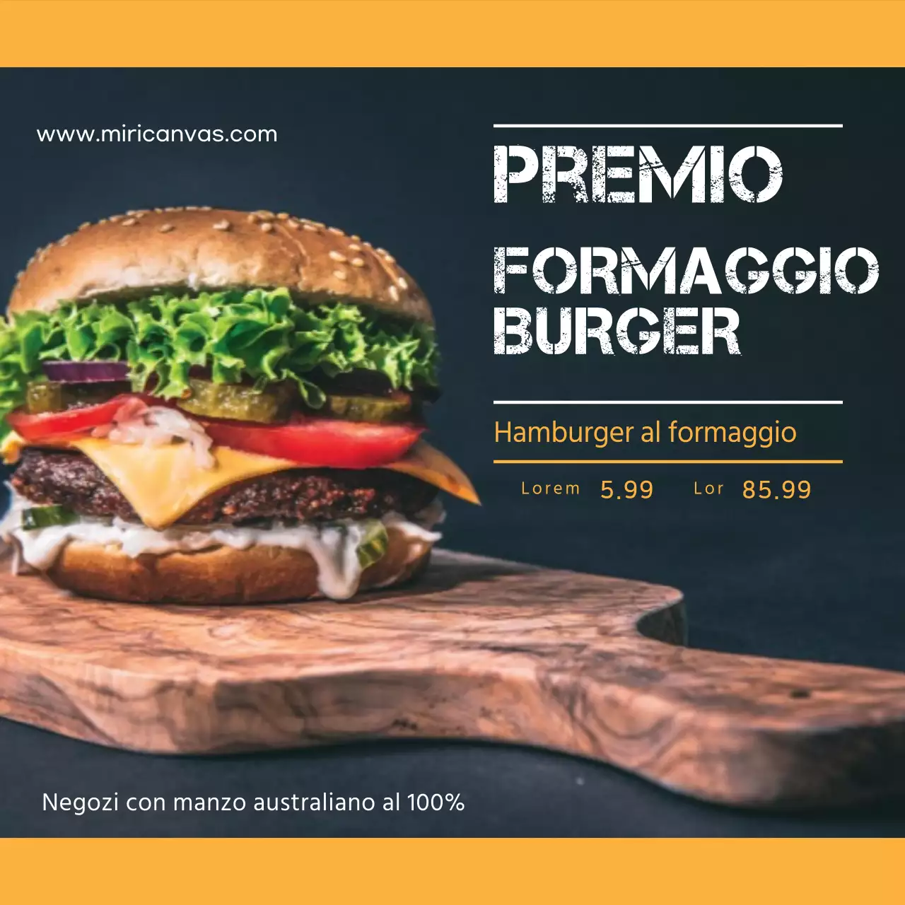Hamburger artigianali di prima qualità Cheeseburger Promuovi il tuo hamburger personalizzato
