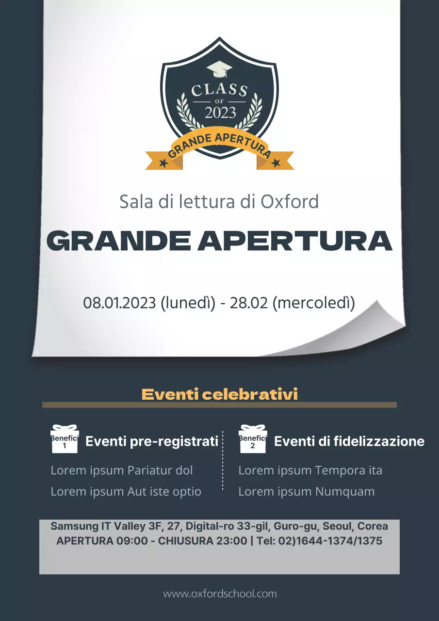 Promuovete l'inaugurazione di una sala di lettura con un elegante emblema blu navy