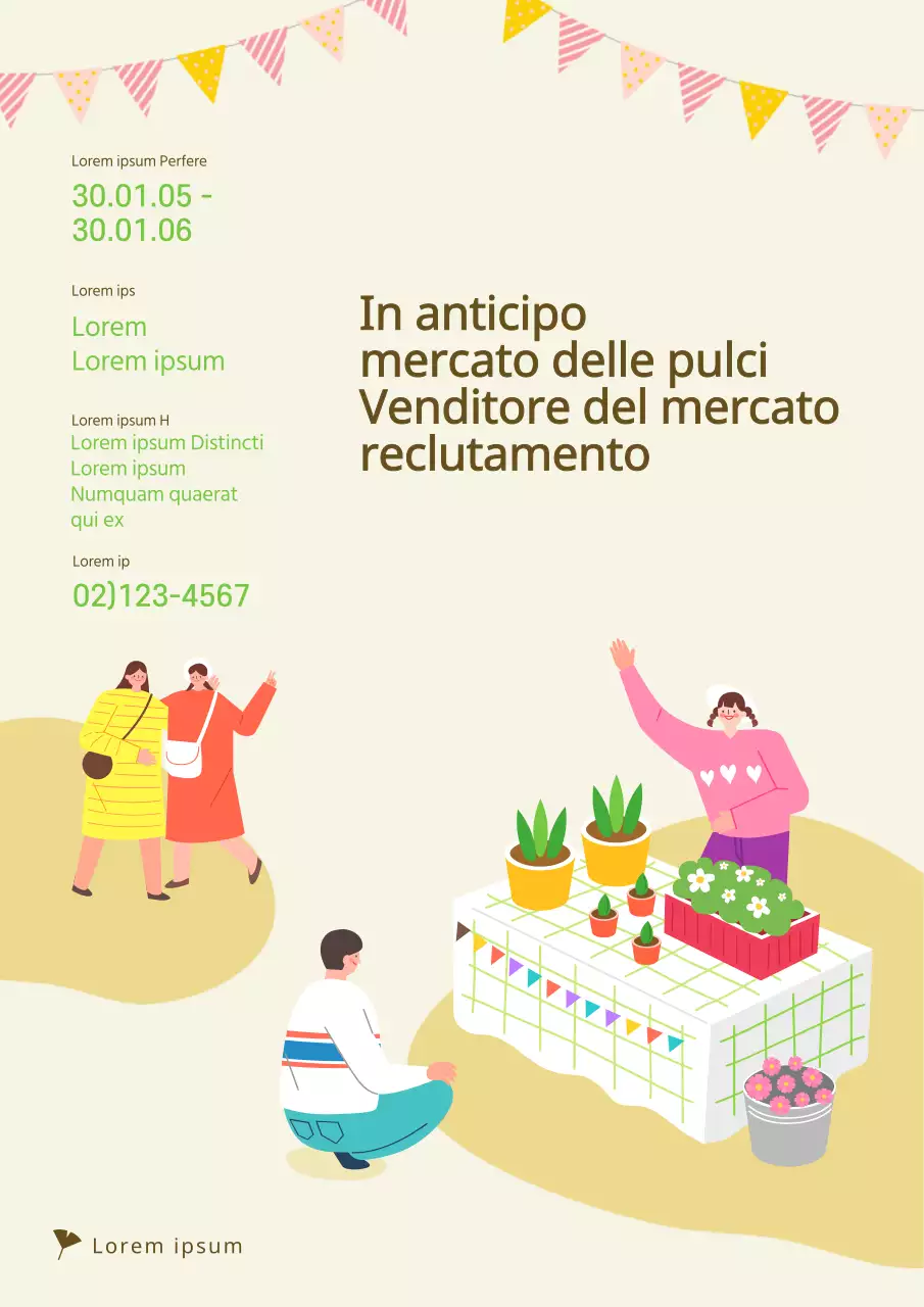 Reclutamento di venditori per un simpatico mercatino delle pulci illustrato