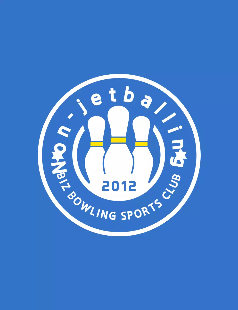 A clean, light blue, white, and yellow bowling illustration with an emblem logo for a bowling sports club.