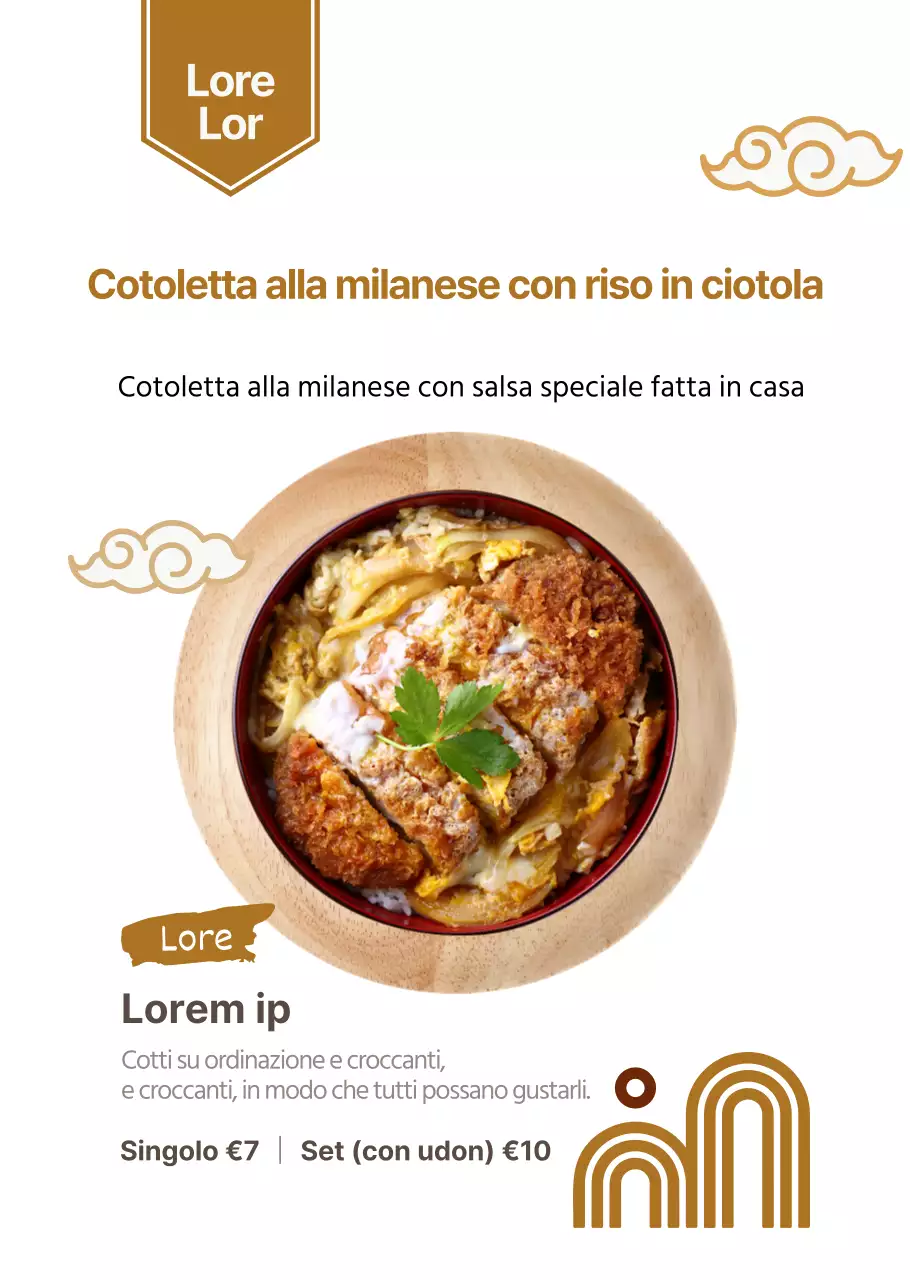 Manifesto trasparente per un semplice ristorante giapponese con ciotola tonkatsu marrone