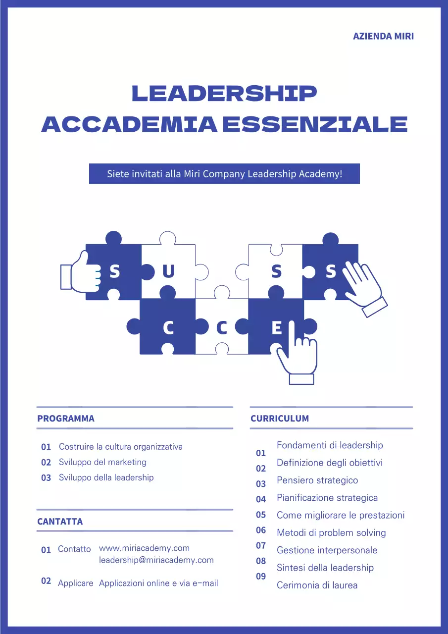Modello di volantino per la Leadership Academy in blu