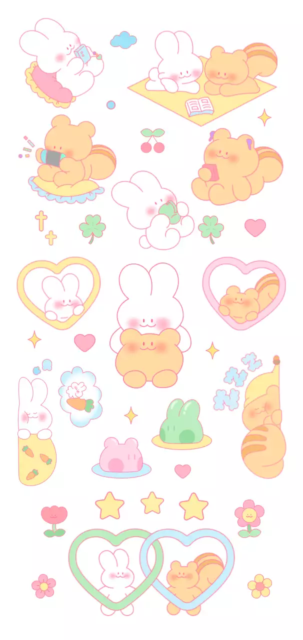 Cute squirrels and bunnies go about their daily routine in bright pastel colors.