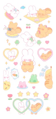 Cute squirrels and bunnies go about their daily routine in bright pastel colors.