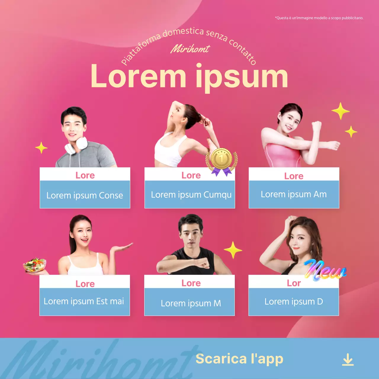 Promuovete una simpatica applicazione 3D contactless per la piattaforma di allenamento a casa nei colori verde e rosa.