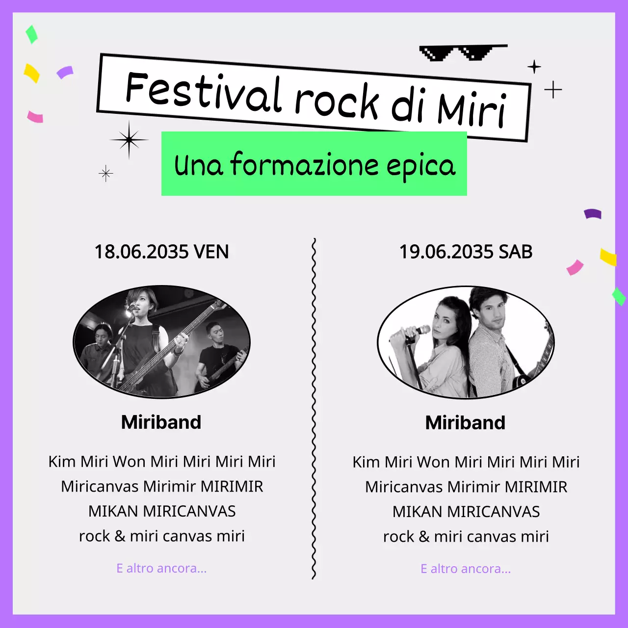 Guida per i festival estivi delle rock band con illustrazioni uniche e simpatiche in viola e chartreuse fluorescente.