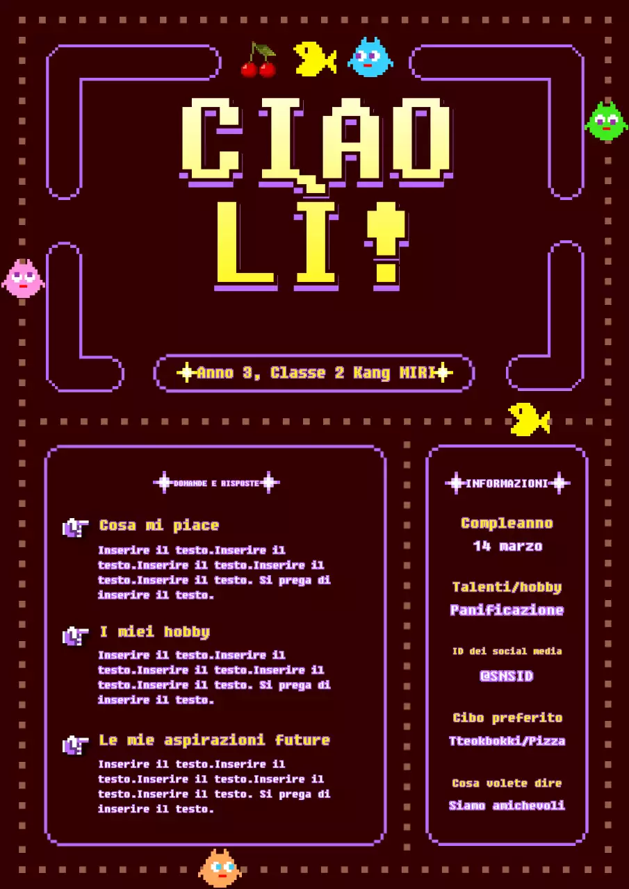 Un simpatico concetto di gioco classico in rosso, marrone, viola e giallo.