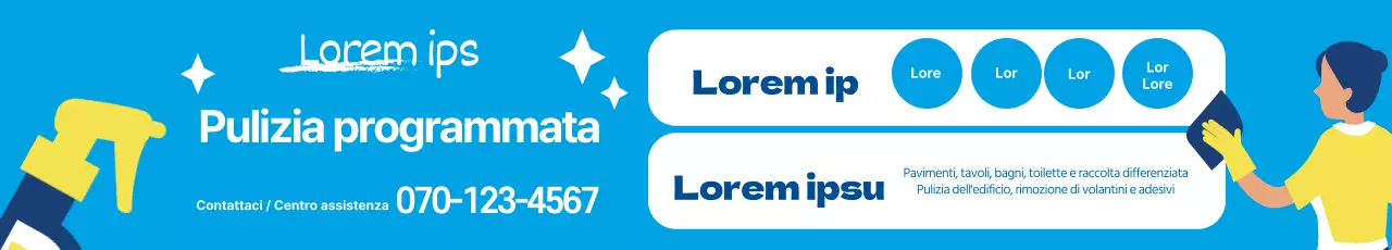 Illustrazione blu che promuove un servizio di pulizia ordinata