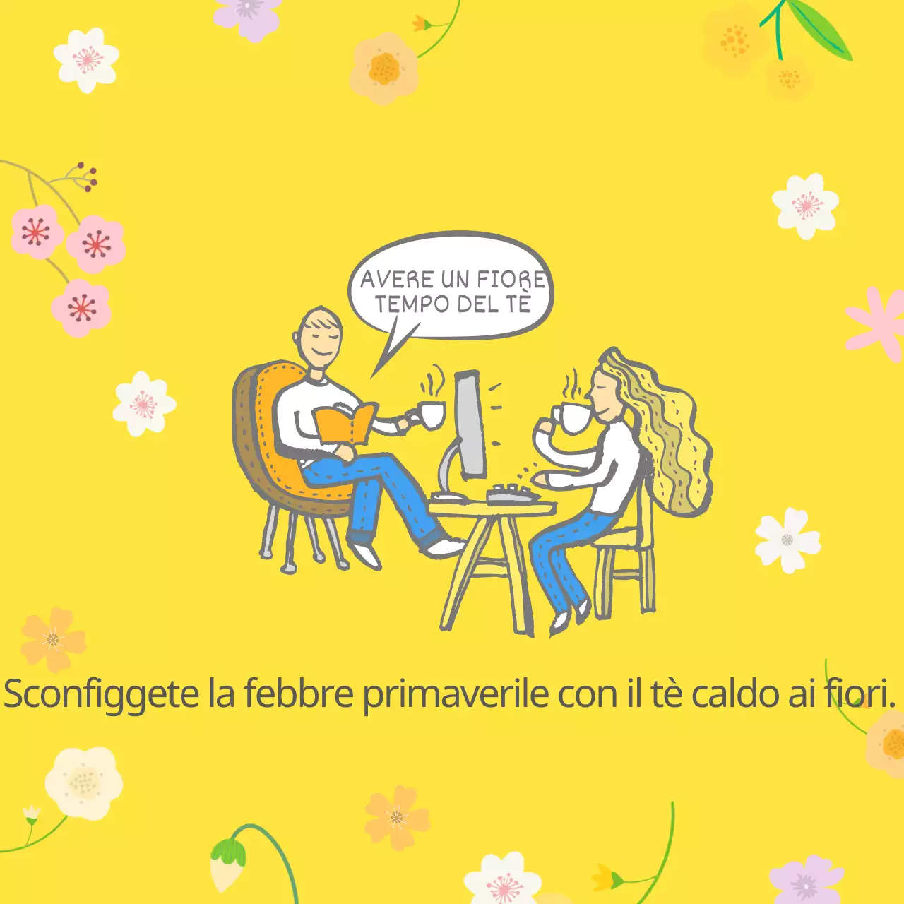 Le illustrazioni fresche e gialle forniscono informazioni sui tè di fiori primaverili