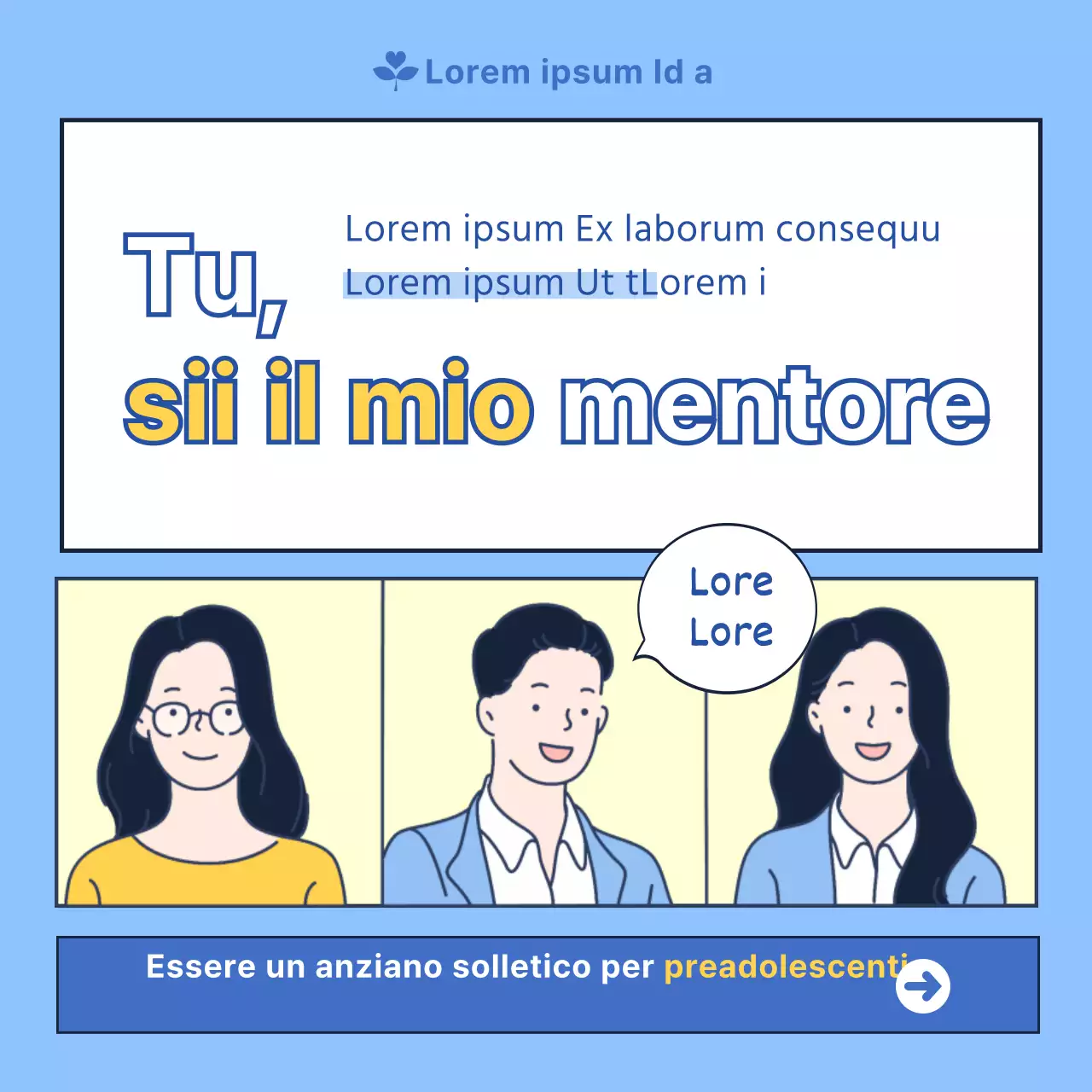 Centro moderno per i percorsi giovanili, blu e giallo, reclutamento di tutoraggio