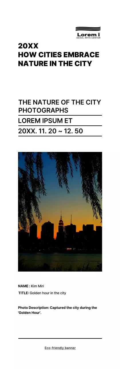 Gaya tata letak teks sederhana dalam warna hitam dengan informasi pameran foto