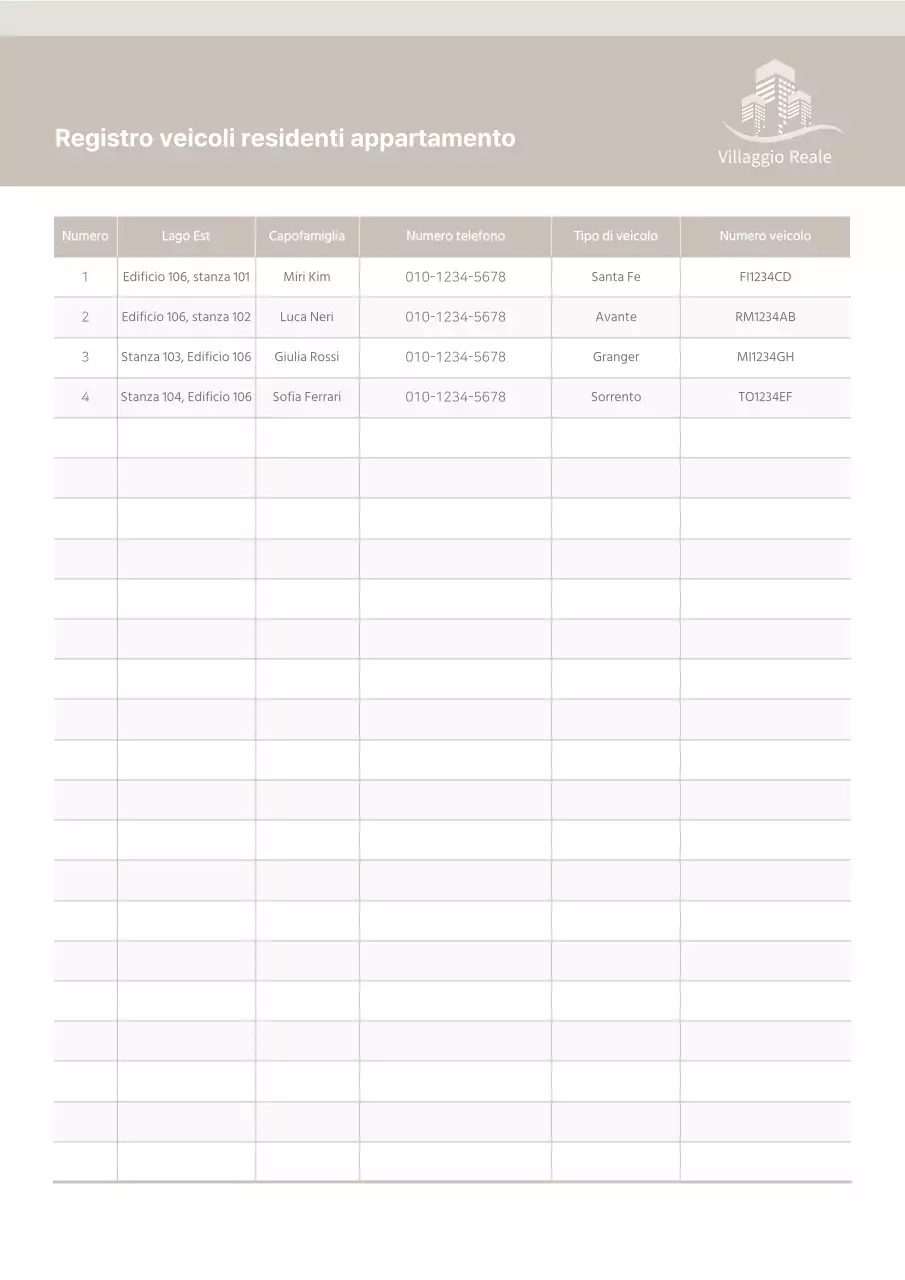 Registro del parco macchine degli inquilini di appartamenti beige Gestione del parco macchine dell'ufficio delle guardie di sicurezza