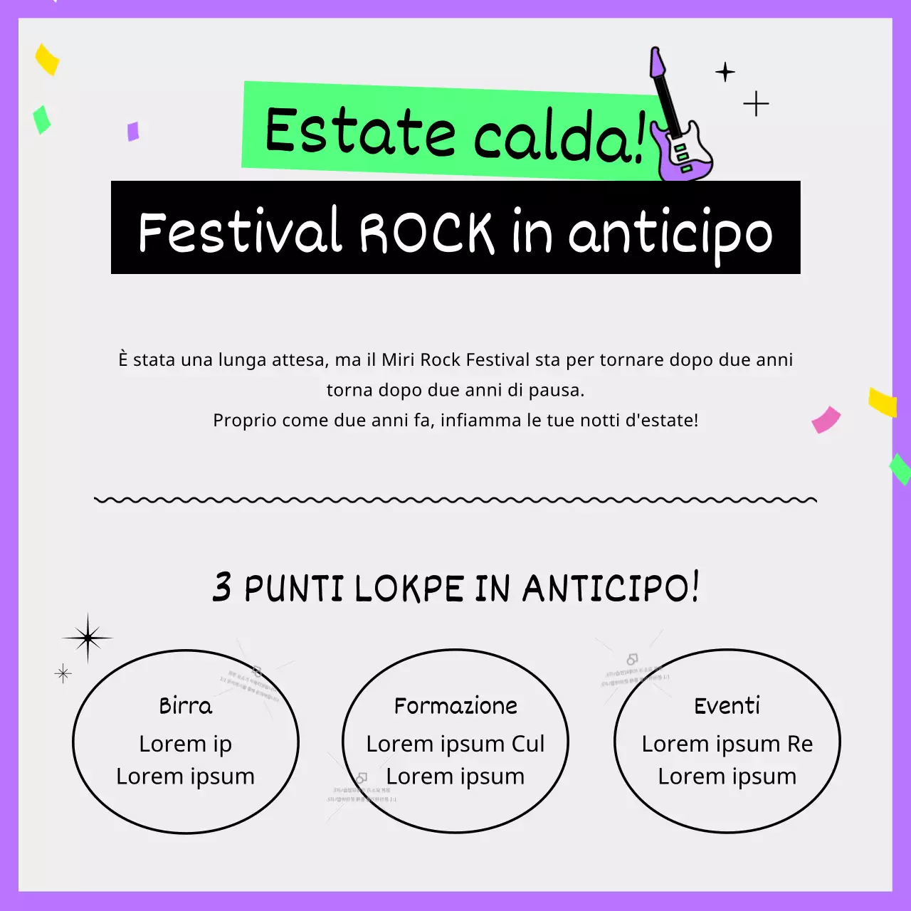 Guida per i festival estivi delle rock band con illustrazioni uniche e simpatiche in viola e chartreuse fluorescente.