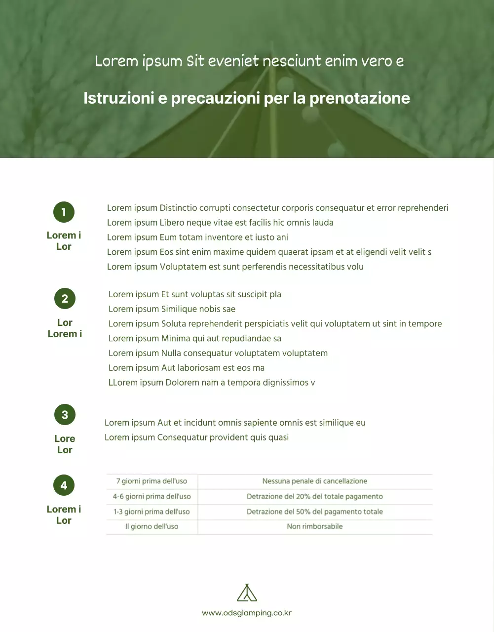 Semplice pagina di dettaglio della prenotazione del campeggio illustrata in verde