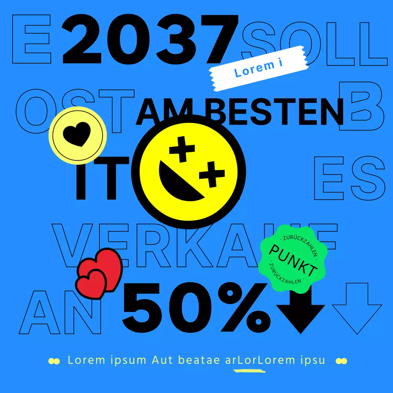 Kitschiges Konzept mit blauer Typografie und flachen, einfachen Aufklebern für eine Promotion zum Halbjahresende