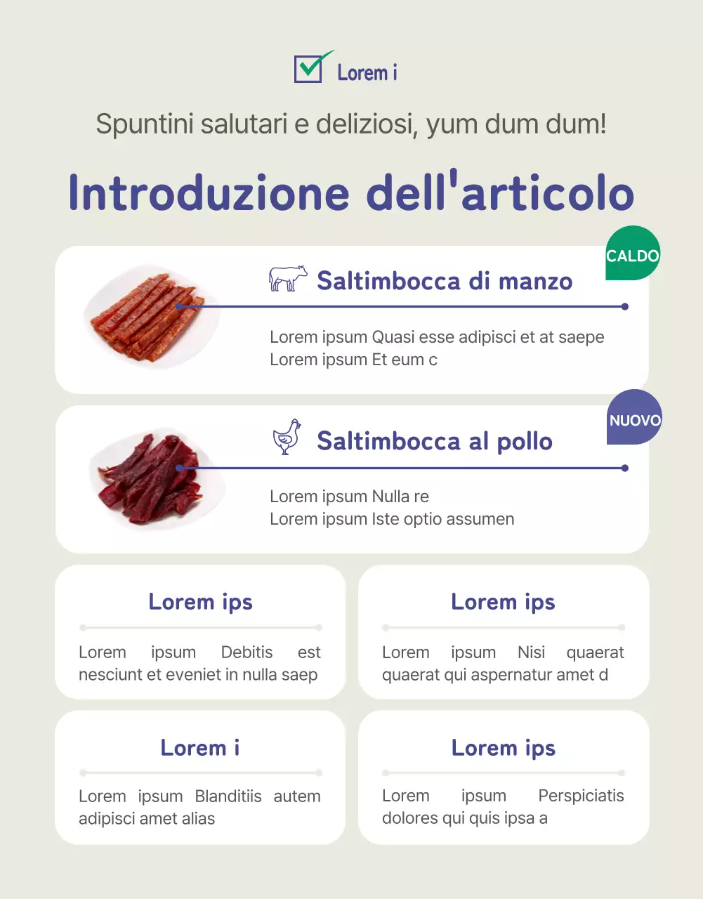 Pagina di dettaglio dei bocconcini per cani blu e verdi