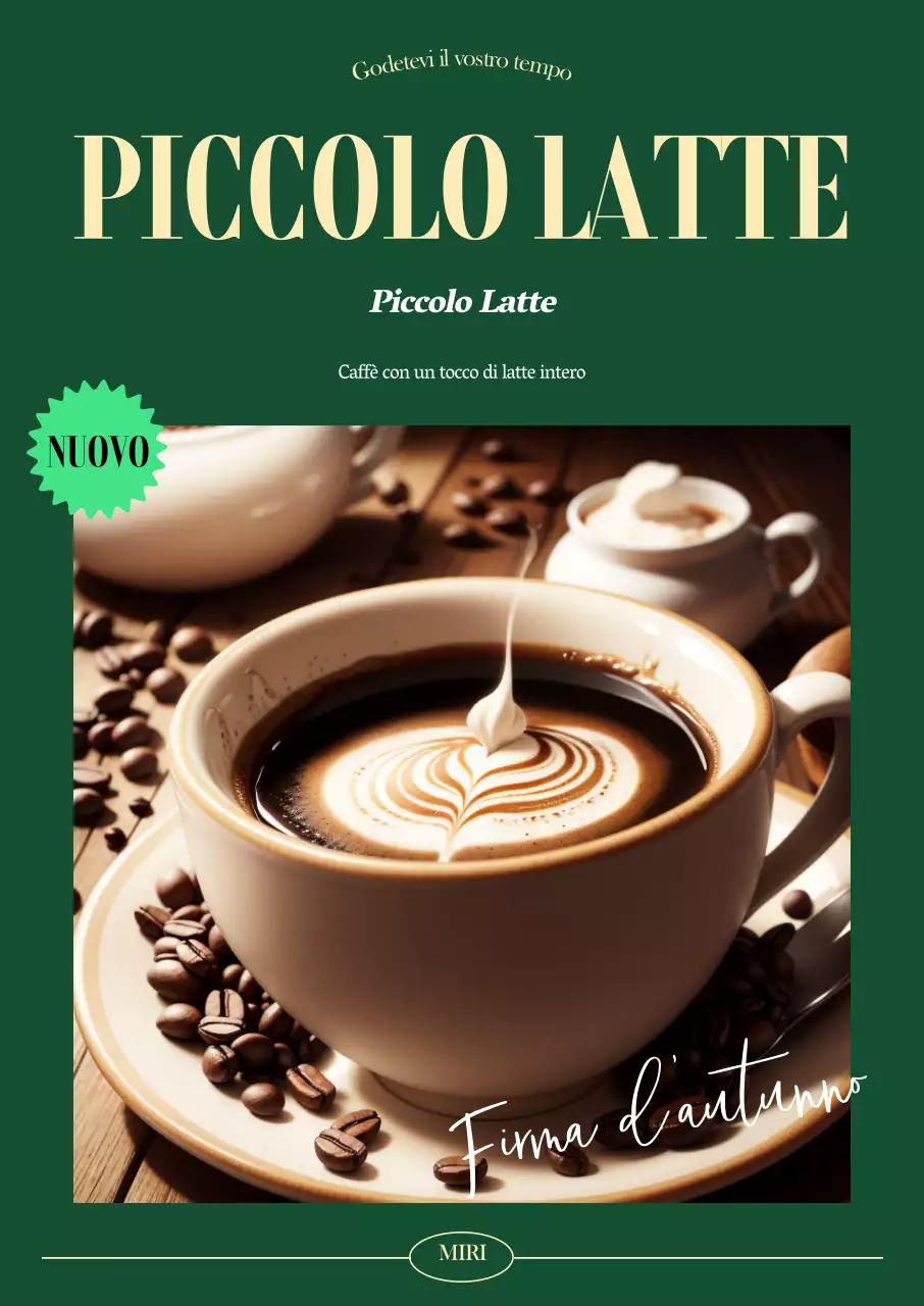 Il menu di un caffè con uno sfondo autunnale verde scuro, foto di caffellatte e caratteri inglesi per un tocco emozionale.