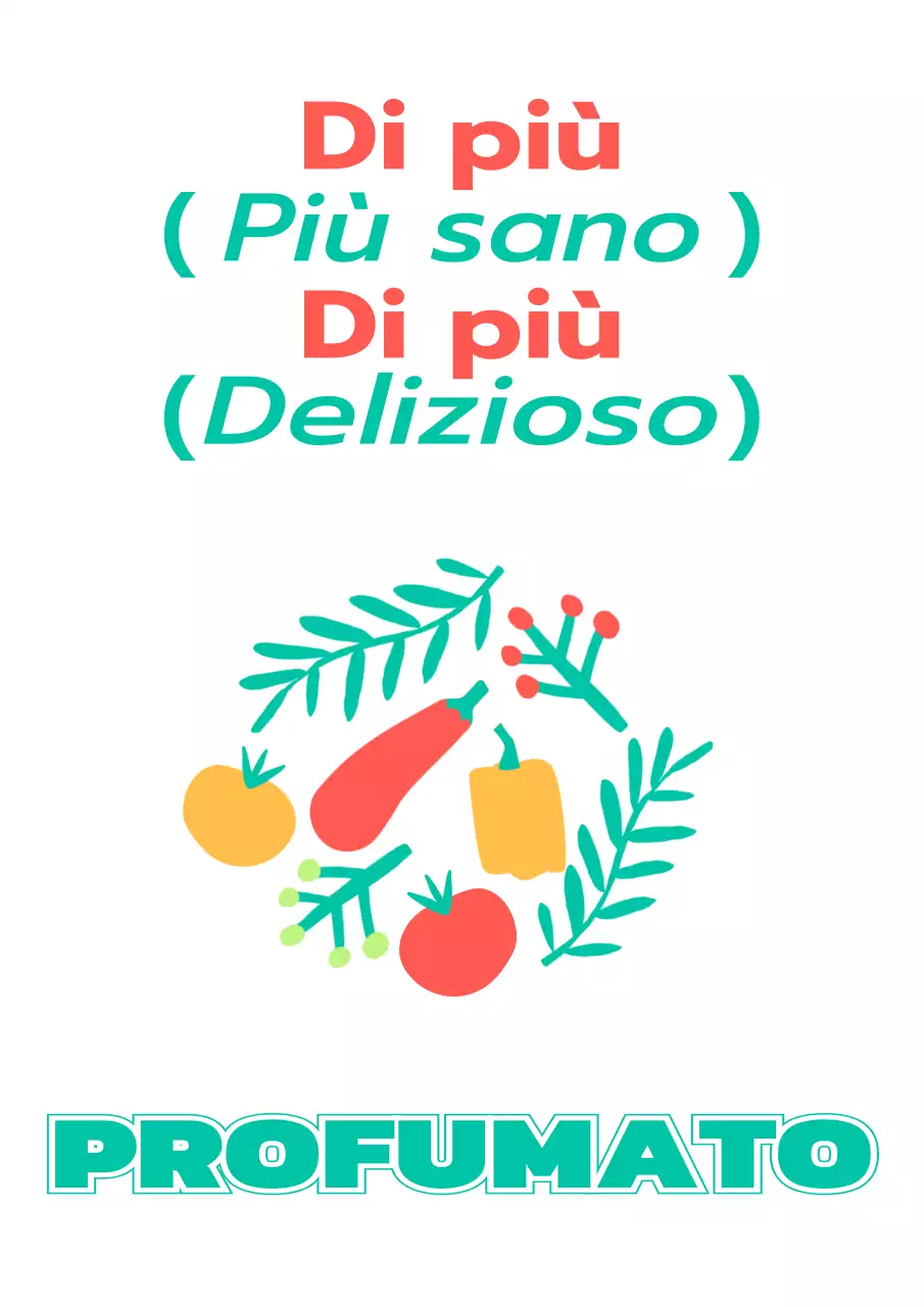 Per promuovere un negozio di insalate con semplici illustrazioni di verdure e piante in turchese e rosso.