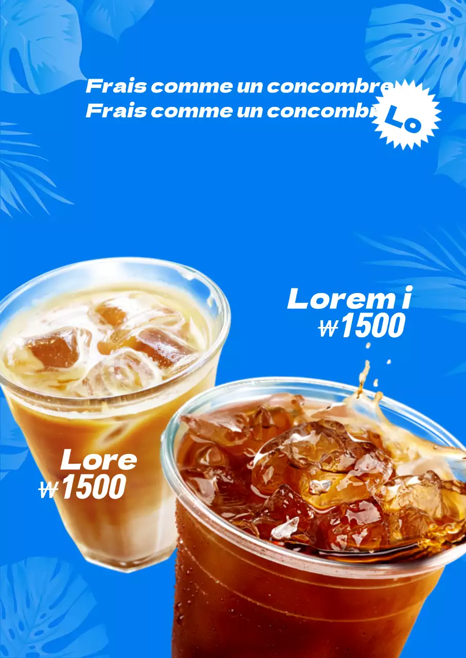 Un concept simple et cool avec une illustration de feuille bleue et une photo de café pour promouvoir la boisson.