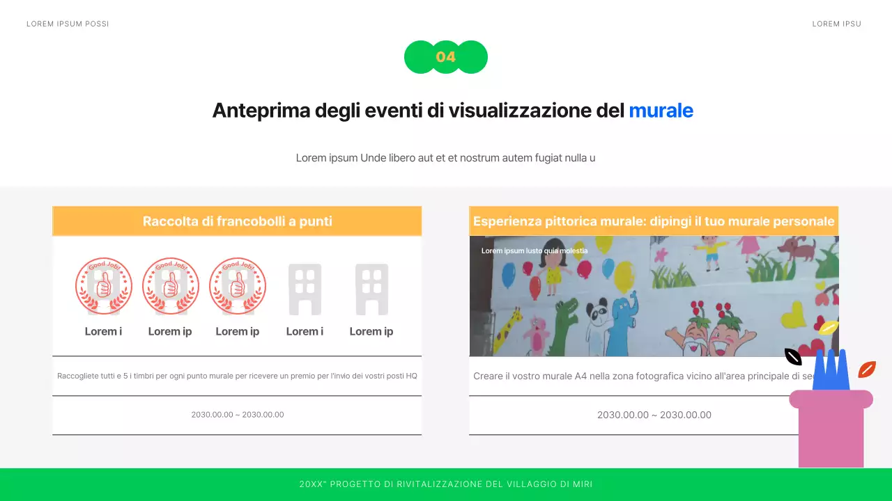 Progettare una mostra di murales illustrati e puliti in bianco, blu e verde