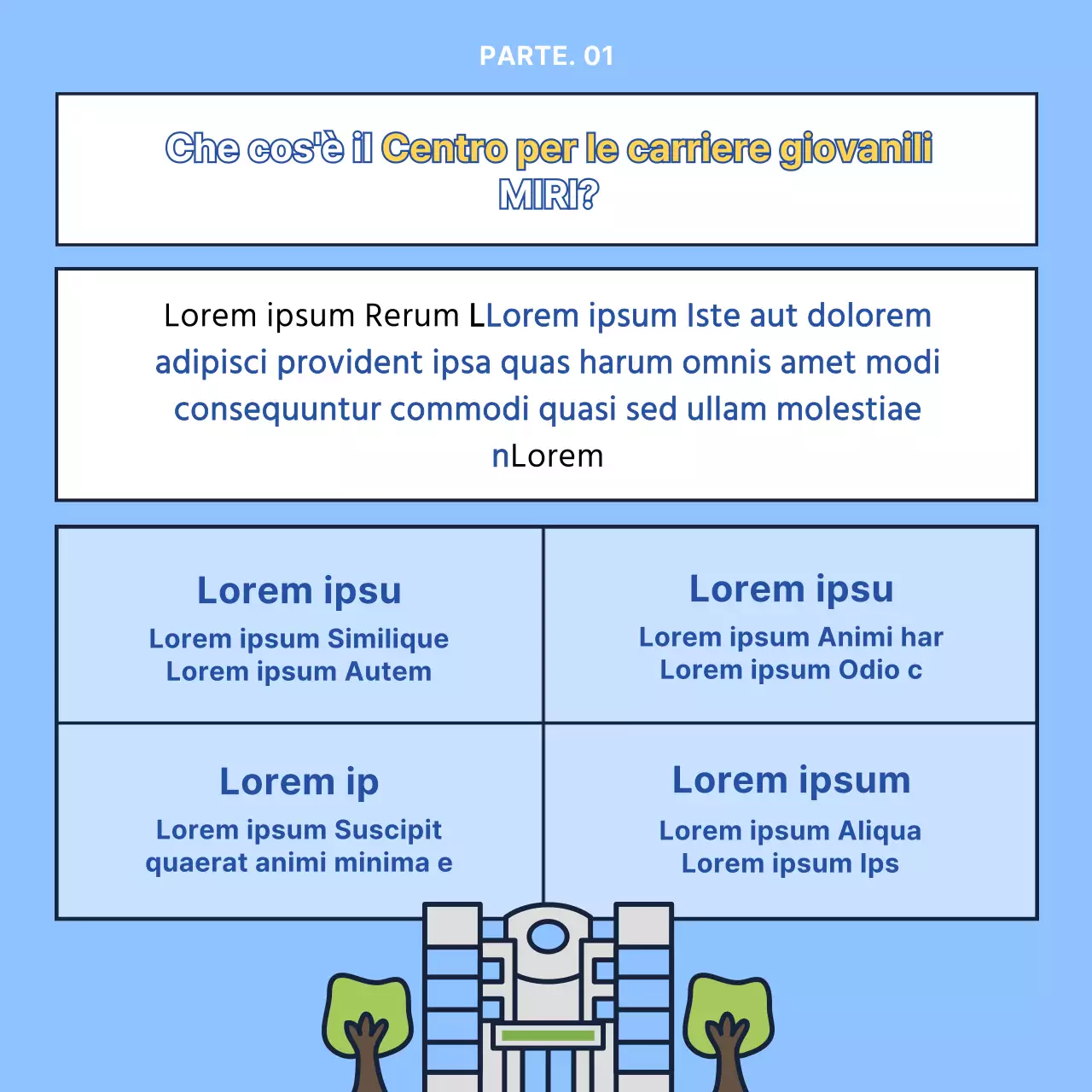 Centro moderno per i percorsi giovanili, blu e giallo, reclutamento di tutoraggio