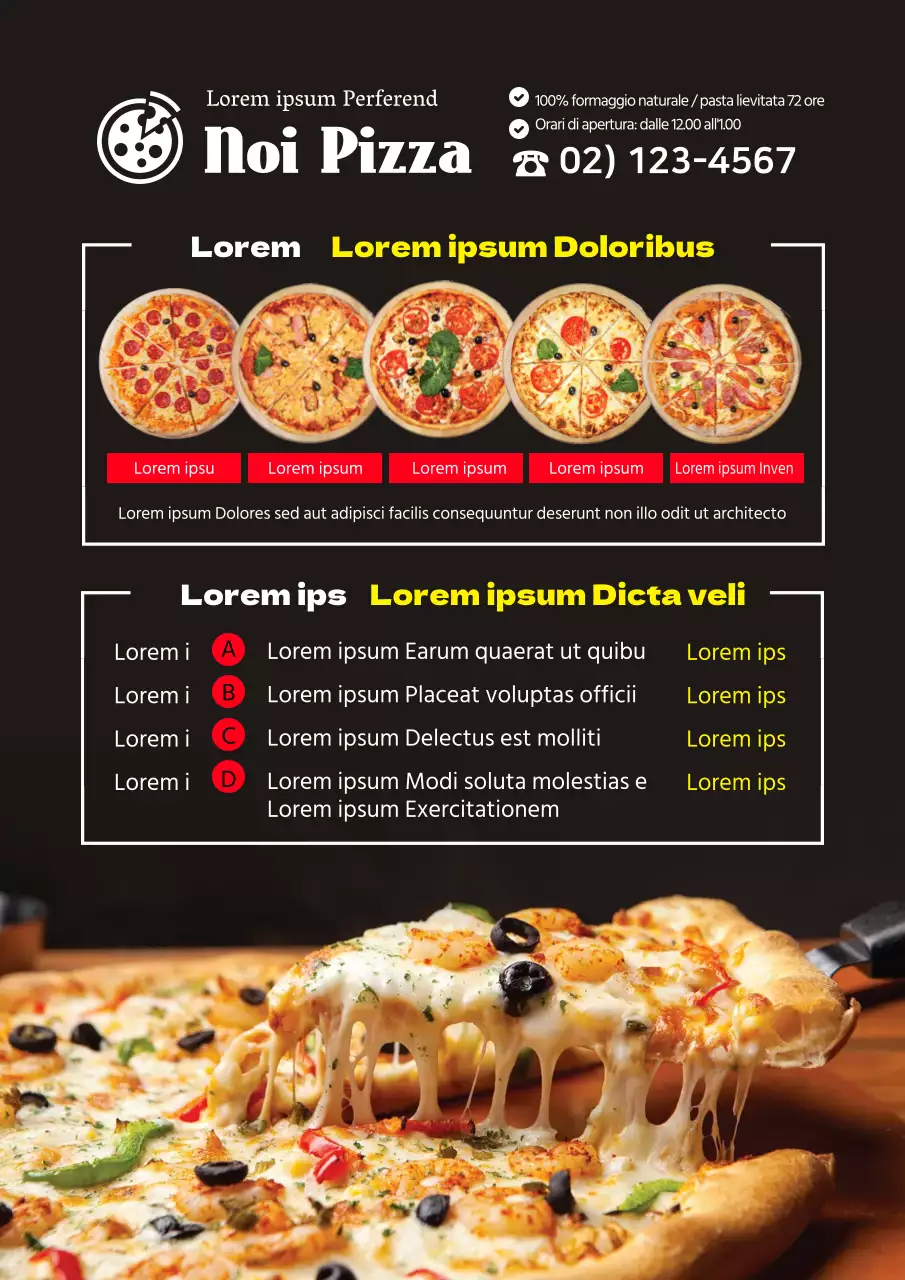 Menu pizza di un ristorante pulito evidenziato in rosso foto