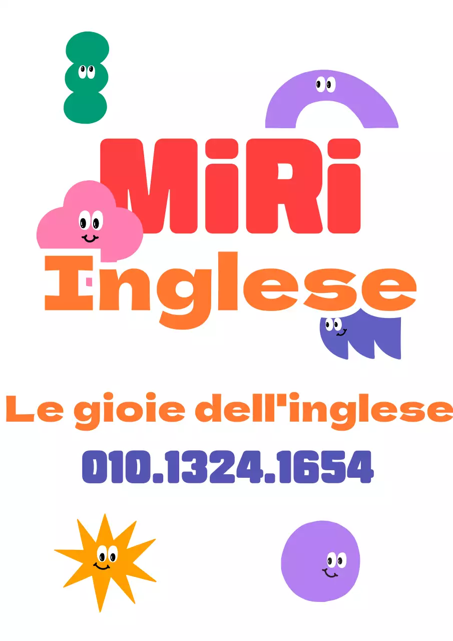 Un disegno promozionale per una scuola di lingua inglese con una varietà di personaggi colorati.