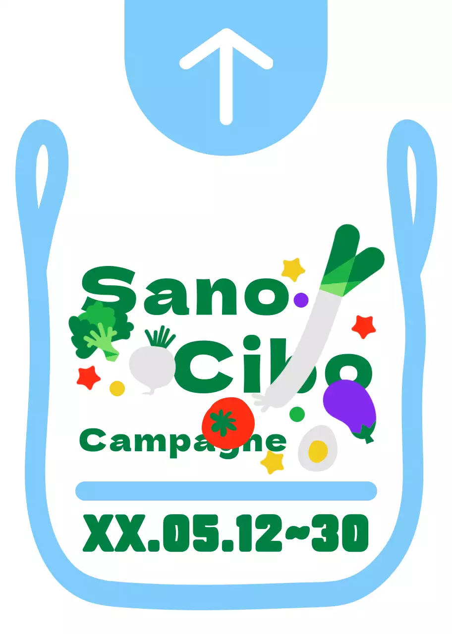 Illustrazione di sacchetti di plastica carini e ordinati, in stile cornice, con indicazioni per una campagna alimentare in azzurro e verde.